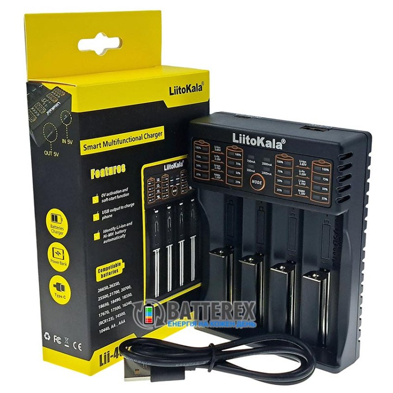 Універсальна 4х-канальна зарядка Liitokala Lii-402 USB Type-C для NiCd/NiMH и Li-Ion/LiFePO4 акумуляторів із повербанком та вибором струму заряду