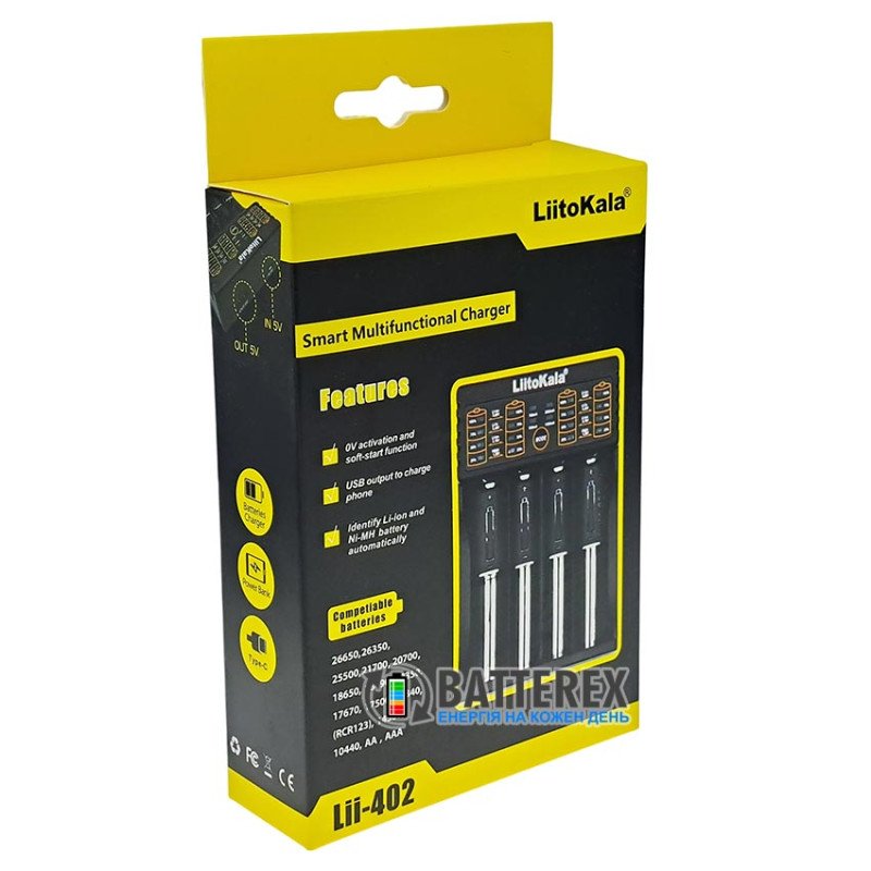 Універсальна 4х-канальна зарядка Liitokala Lii-402 USB Type-C для NiCd/NiMH и Li-Ion/LiFePO4 акумуляторів із повербанком та вибором струму заряду