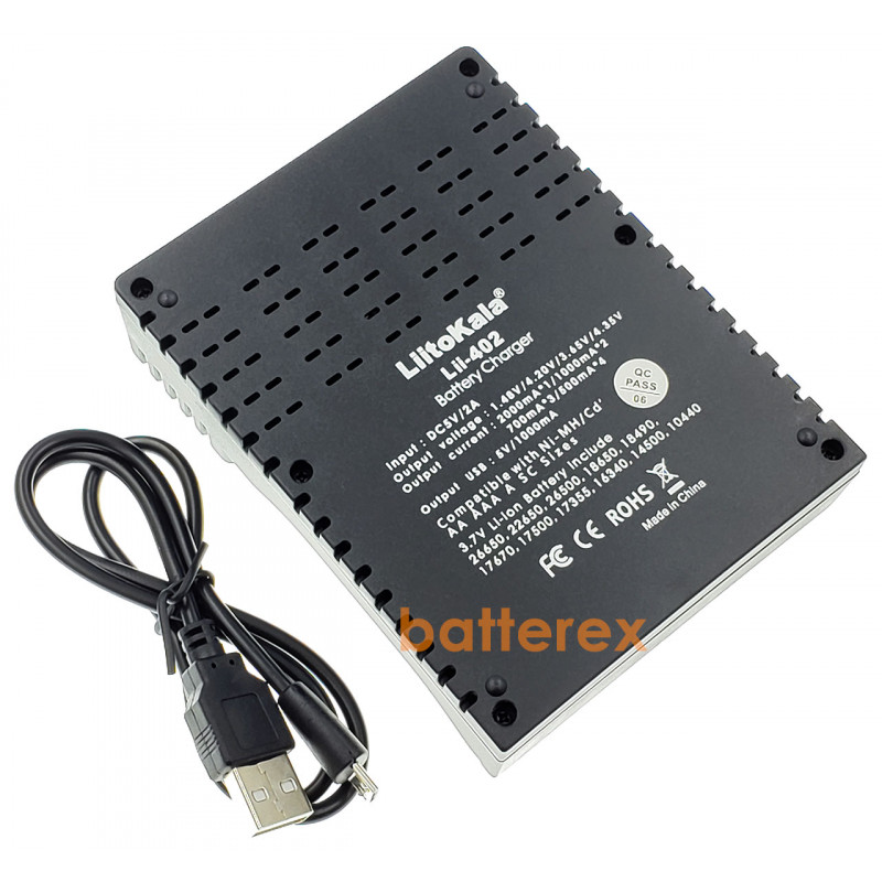 LiitoKala Lii-402 - універсальний USB зарядний пристрій на 4 акумулятори із оригінальним USB блоком живлення Liitokala 5V 2A в комплекті