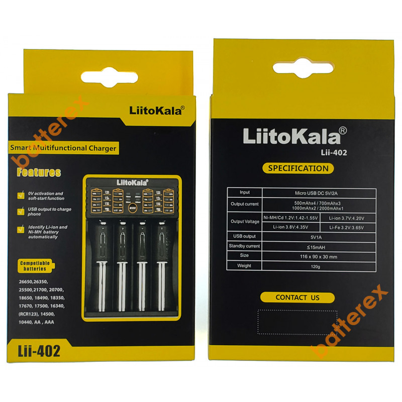 LiitoKala Lii-402 - універсальний USB зарядний пристрій на 4 акумулятори із оригінальним USB блоком живлення Liitokala 5V 2A в комплекті