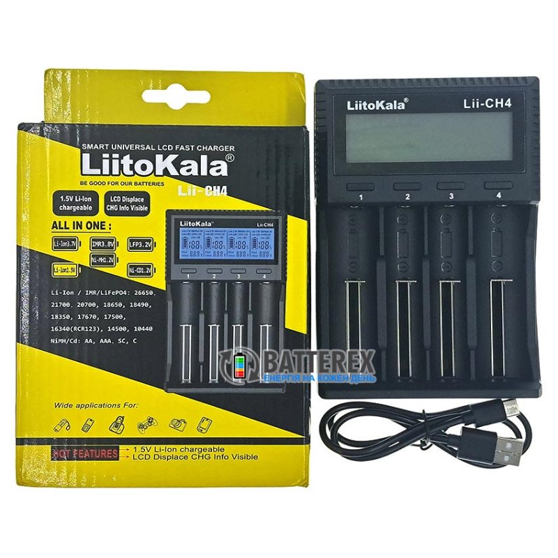 Универсальное зарядное устройство LiitoKala Lii-CH4 для аккумуляторов Li-ion 1.5V, Li-ion 3.6V, Li-ion 3.7V, NiMH 1.2V, LiFePO4 3.2V всех популярных размеров