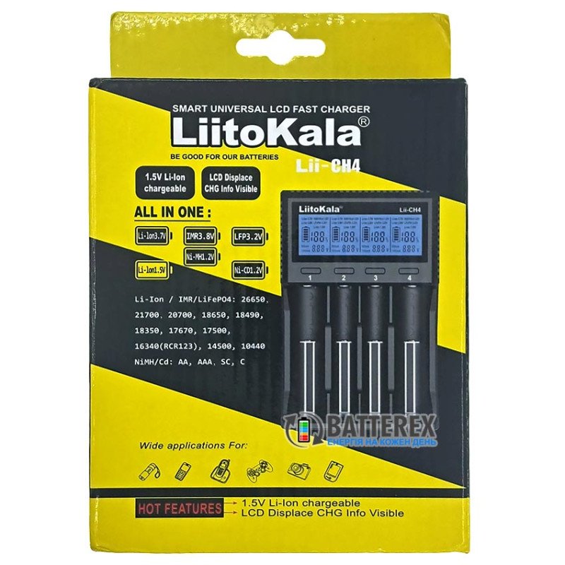 Универсальное зарядное устройство LiitoKala Lii-CH4 для аккумуляторов Li-ion 1.5V, Li-ion 3.6V, Li-ion 3.7V, NiMH 1.2V, LiFePO4 3.2V всех популярных размеров