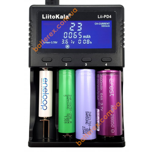 LiitoKala Lii-PD4 + автоадаптер 12V - универсальное 4х-канальное зарядное устройство (цифровой дисплей, ток заряда до 2А)