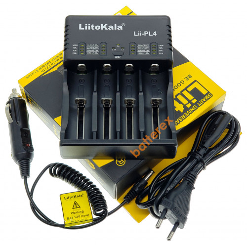 LiitoKala Lii-PL4 + автоадаптер 12V - универсальное 4х-канальное зарядное устройство (светодиодная индикация, ток заряда до 2А)