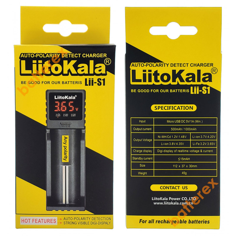 Зарядное устройство LiitoKala Lii-S1 с дисплеем на 1 аккумулятор AA, AAA и Li-ion/LiFePO4 с функцией PowerBank  + сетевой USB адаптер Liitokala 5V 2A