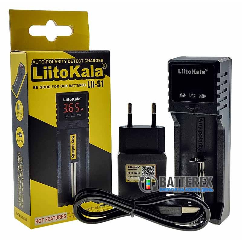 Зарядное устройство LiitoKala Lii-S1 с дисплеем на 1 аккумулятор AA, AAA и Li-ion/LiFePO4 с функцией PowerBank  + сетевой USB адаптер Liitokala 5V 2A