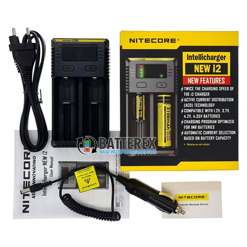Зарядний пристрій Nitecore i2 NEW на 2 акумулятори Li-ion/LiFePO4/Ni-MH + автоадаптер Liitokala 12V