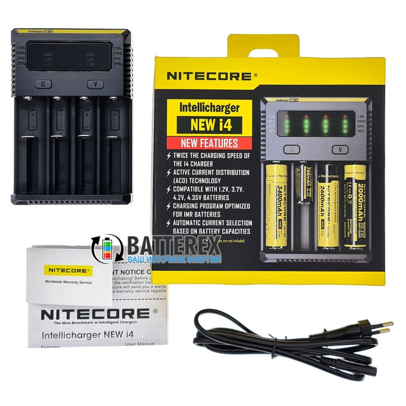 Універсальний зарядний пристрій Nitecore NEW i4 на 4 акумулятори АА, ААА, Li-ion 18650, 21700, 26650, 18500