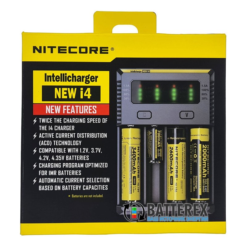 Універсальний зарядний пристрій Nitecore NEW i4 на 4 акумулятори АА, ААА, Li-ion 18650, 21700, 26650, 18500
