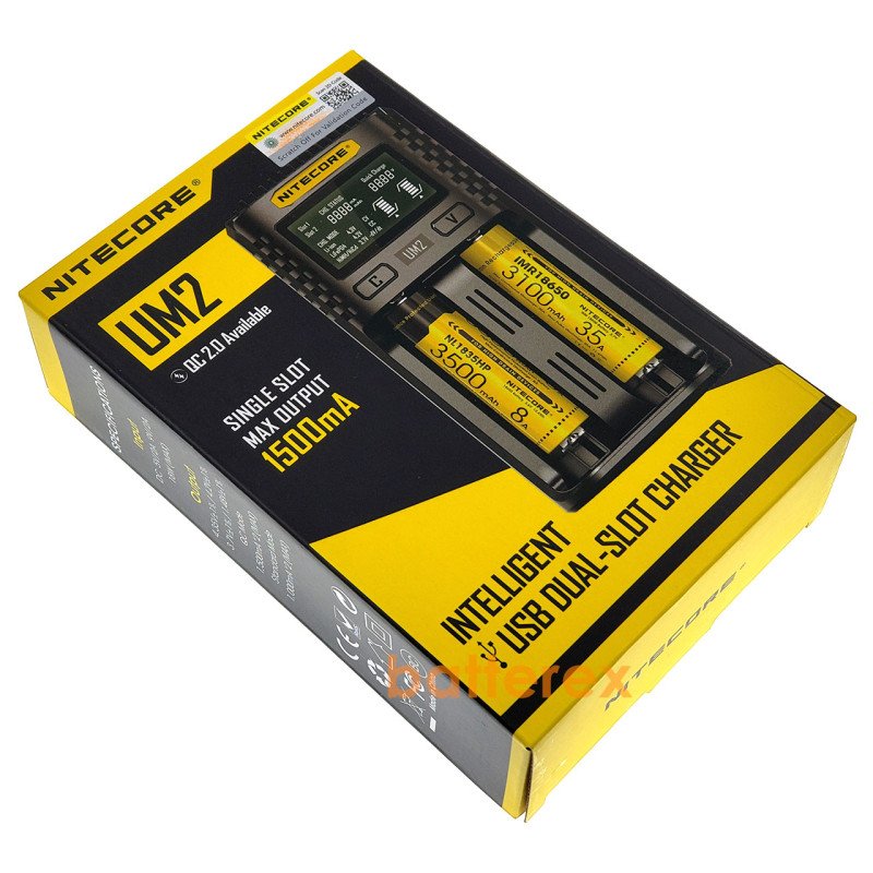 Nitecore UM2 - універсальна швидка зарядка на 2 канали для NiMH/Ni-Cd/Li-ion/IMR/LFP/LiFePO4 акумуляторів LCD, USB QC 2.0, 3A