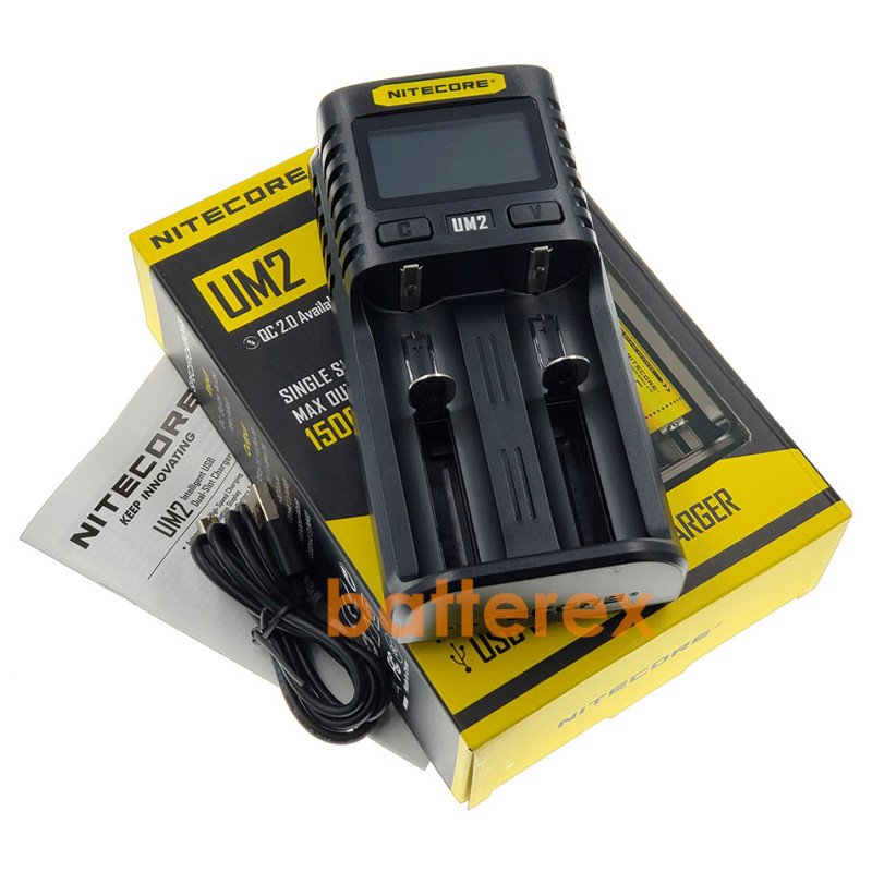 Nitecore UM2 - універсальна швидка зарядка на 2 канали для NiMH/Ni-Cd/Li-ion/IMR/LFP/LiFePO4 акумуляторів LCD, USB QC 2.0, 3A
