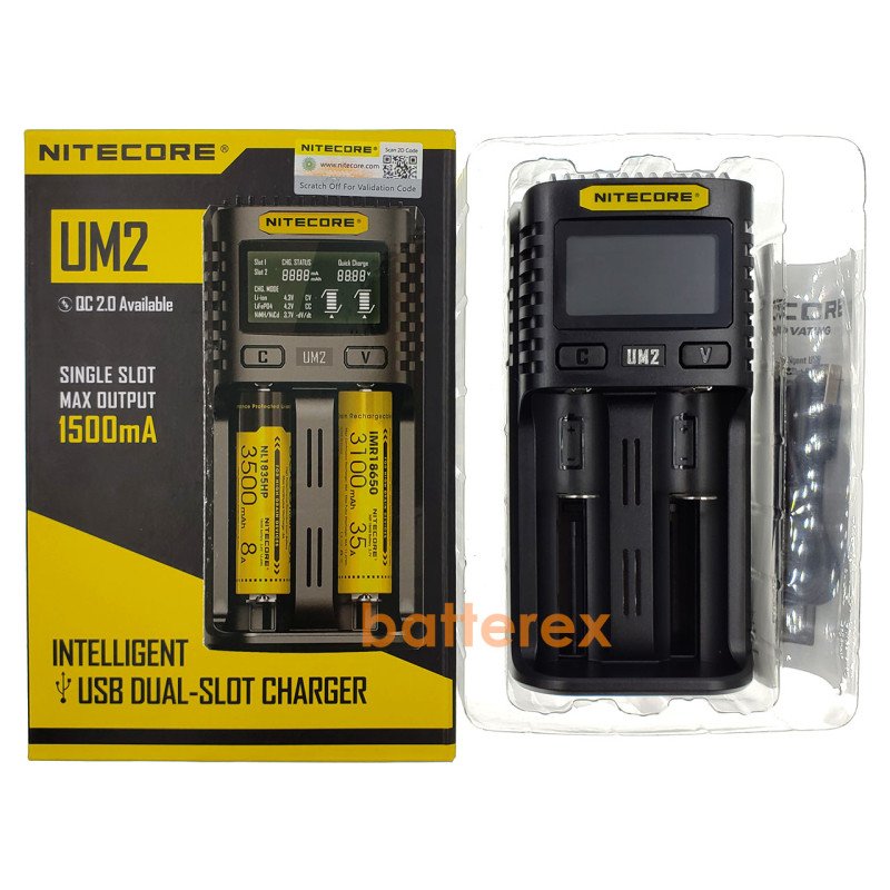 Nitecore UM2 - універсальна швидка зарядка на 2 канали для NiMH/Ni-Cd/Li-ion/IMR/LFP/LiFePO4 акумуляторів LCD, USB QC 2.0, 3A