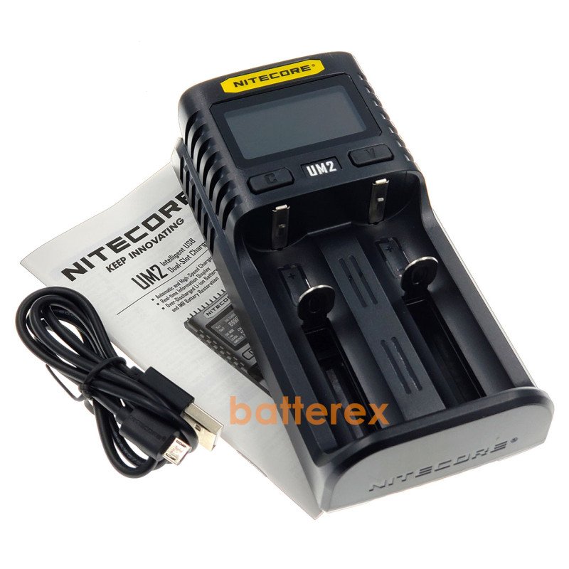 Nitecore UM2 - універсальна швидка зарядка на 2 канали для NiMH/Ni-Cd/Li-ion/IMR/LFP/LiFePO4 акумуляторів LCD, USB QC 2.0, 3A