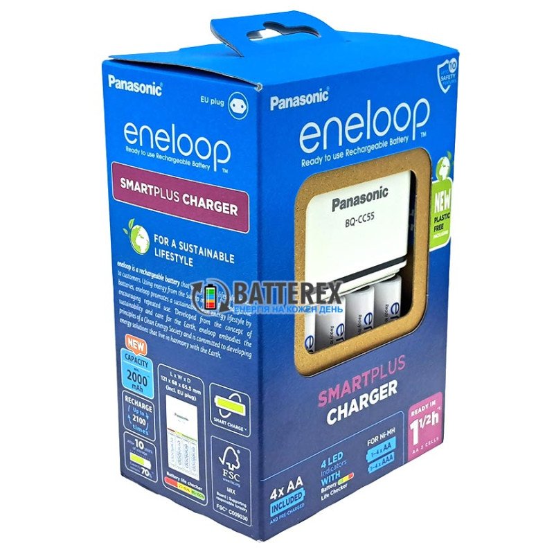 Фирменный комплект зарядного устройства и аккумуляторов Panasonic Eneloop BQ-CC55 SmartPlus Charger Kit 4xAA Eneloop 2000mah (K-KJ55MCD40E), упаковка EcoBox