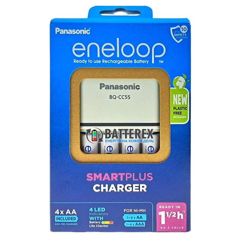Фирменный комплект зарядного устройства и аккумуляторов Panasonic Eneloop BQ-CC55 SmartPlus Charger Kit 4xAA Eneloop 2000mah (K-KJ55MCD40E), упаковка EcoBox