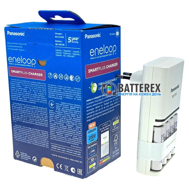 Фирменный комплект зарядного устройства и аккумуляторов Panasonic Eneloop BQ-CC55 SmartPlus Charger Kit 4xAA Eneloop 2000mah (K-KJ55MCD40E), упаковка EcoBox