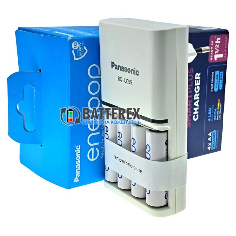 Фирменный комплект зарядного устройства и аккумуляторов Panasonic Eneloop BQ-CC55 SmartPlus Charger Kit 4xAA Eneloop 2000mah (K-KJ55MCD40E), упаковка EcoBox