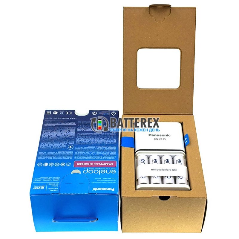 Фирменный комплект зарядного устройства и аккумуляторов Panasonic Eneloop BQ-CC55 SmartPlus Charger Kit 4xAA Eneloop 2000mah (K-KJ55MCD40E), упаковка EcoBox