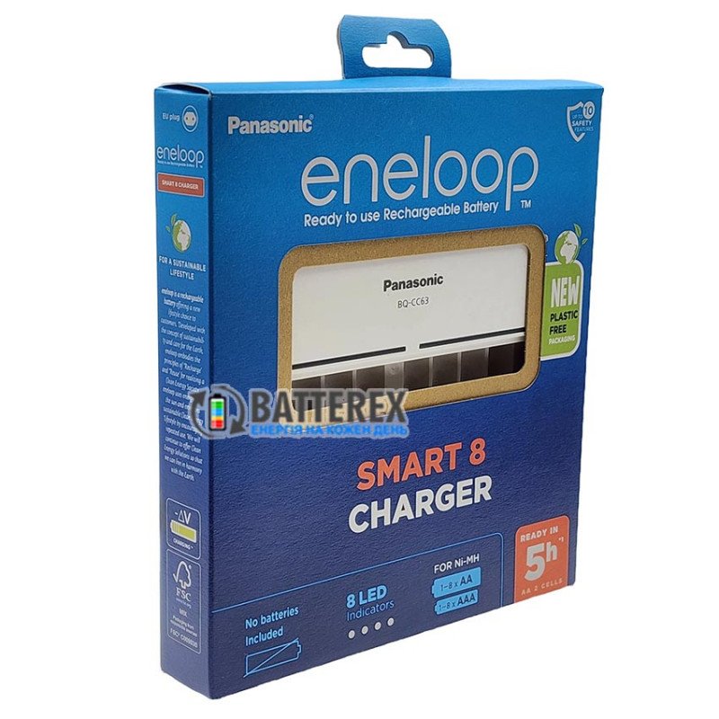 Зарядное устройство Panasonic Eneloop BQ-CC63 Smart 8 Charger на 8 каналов для АА и ААА аккумуляторов, упаковка EcoBox