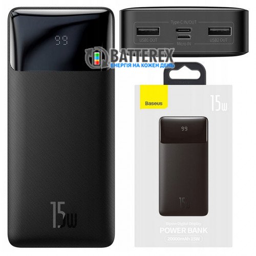Повербанк Baseus Bipow 20000mAh 15W Black на 2 порта USB и Type-C 5V 3A