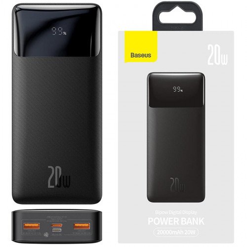 Повербанк Baseus Bipow 20000mAh 20W Black с функциями быстрого заряда QC 3.0 и PD