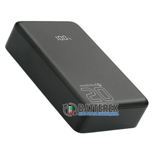 Повербанк EverActive Energy Bank EB-20QB 20000 mAh 20W, быстрый заряд QC/PD, сквозной заряд Pass-through, USB-A + 2xUSB-C, дисплей