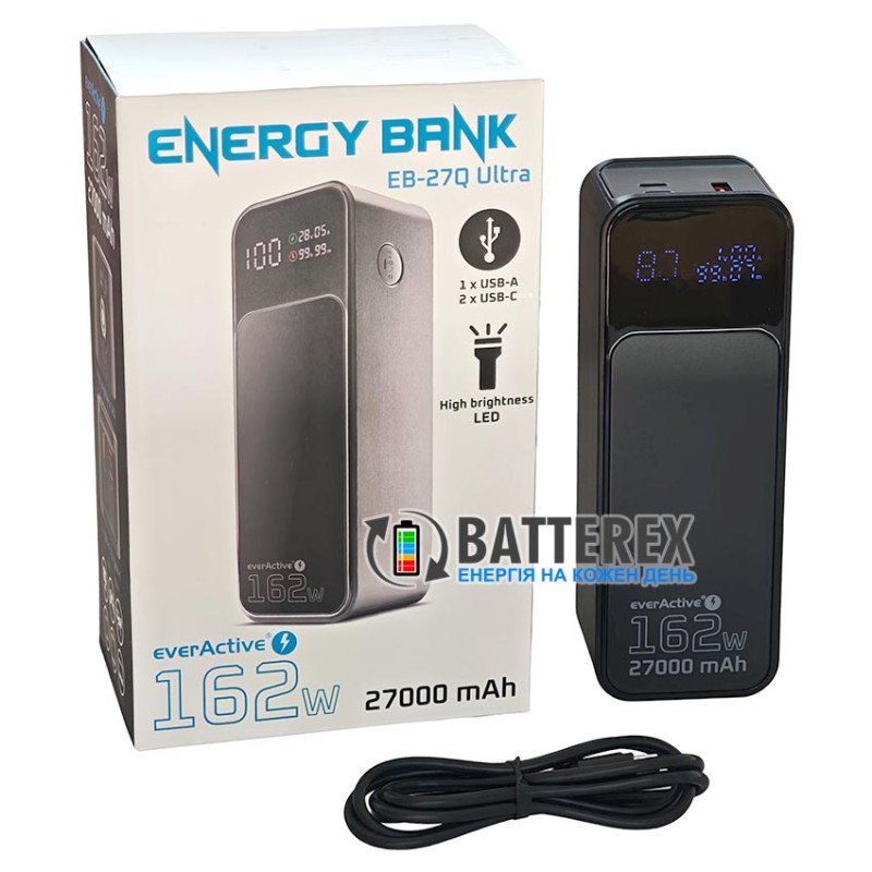 Мощный повербанк everActive EB-27Q Ultra 27000 mAh 162W PD 140W для ноутбука, планшета, смартфона