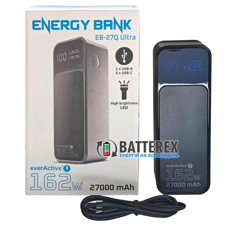 Мощный повербанк everActive EB-27Q Ultra 27000 mAh 162W PD 140W для ноутбука, планшета, смартфона