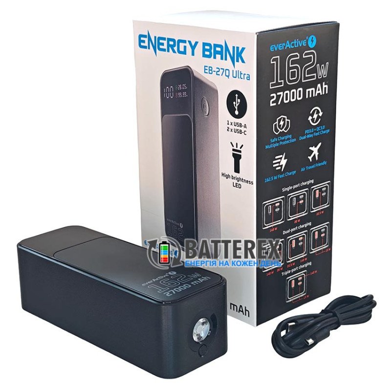 Мощный повербанк everActive EB-27Q Ultra 27000 mAh 162W PD 140W для ноутбука, планшета, смартфона