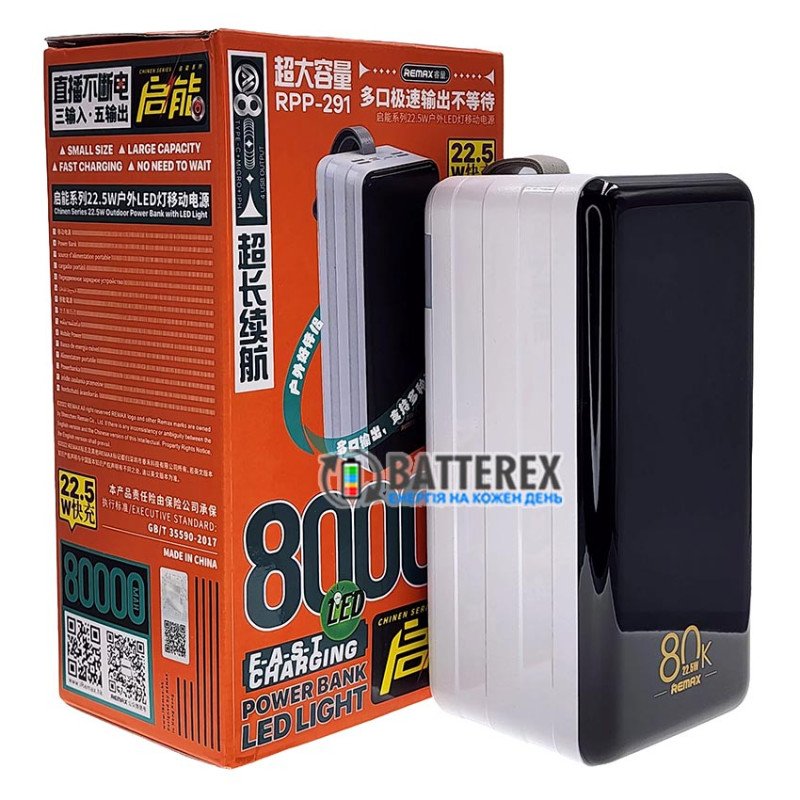 Повербанк Remax Chinen Series RPP-291 80000mAh 22.5W, поддержка быстрого заряда QC3.0 и PD 20W, встроенная LED-лампа