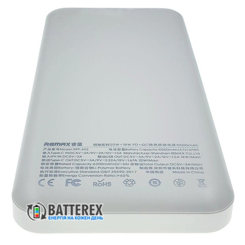 Повербанк Remax Hunch Series RPP-502 10000mAh White 20W, підтримка швидкого заряду QC3.0 та PD 20W