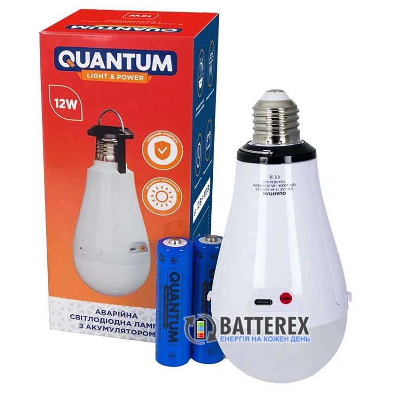 Світлодіодна лампочка Quantum A80-12W-E27-4K Type-C, в комплекті 2 акумулятори 18650 Quantum 1800mah