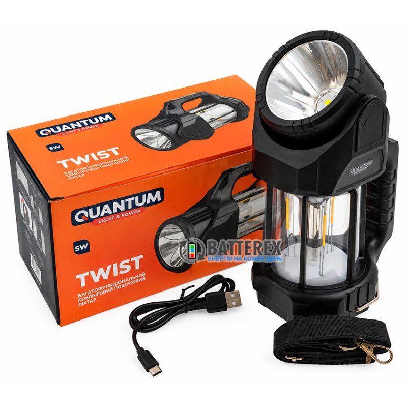 Кемпінговий пошуковий ліхтар Quantum TWIST QM-FL3032 LED+COB+Filament 500lm, 10 режимів, поворотна голова, вбудований акумулятор, Power Bank, заряджання від USB-C