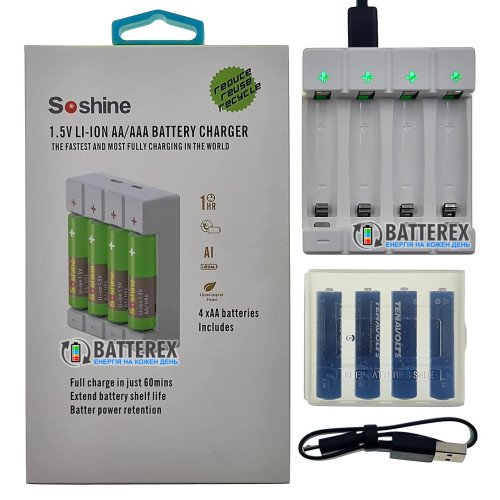 Soshine Chocolate-1.5V зарядное устройство на 4 AA и AAA Li-ion 1.5V + 4 аккумулятора AAA Li-ion Tenavolts 1110mWh 1.5V