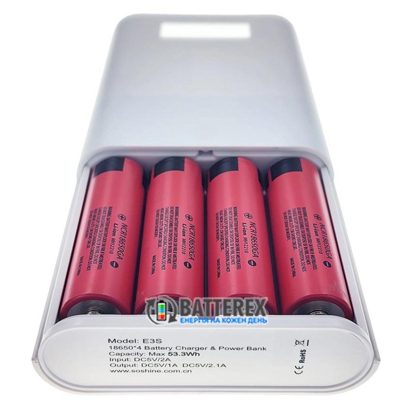 Soshine E3S White - повербанк на 4 аккумулятора 18650 на 2 порта USB 5V 3.5A, белый цвет корпуса