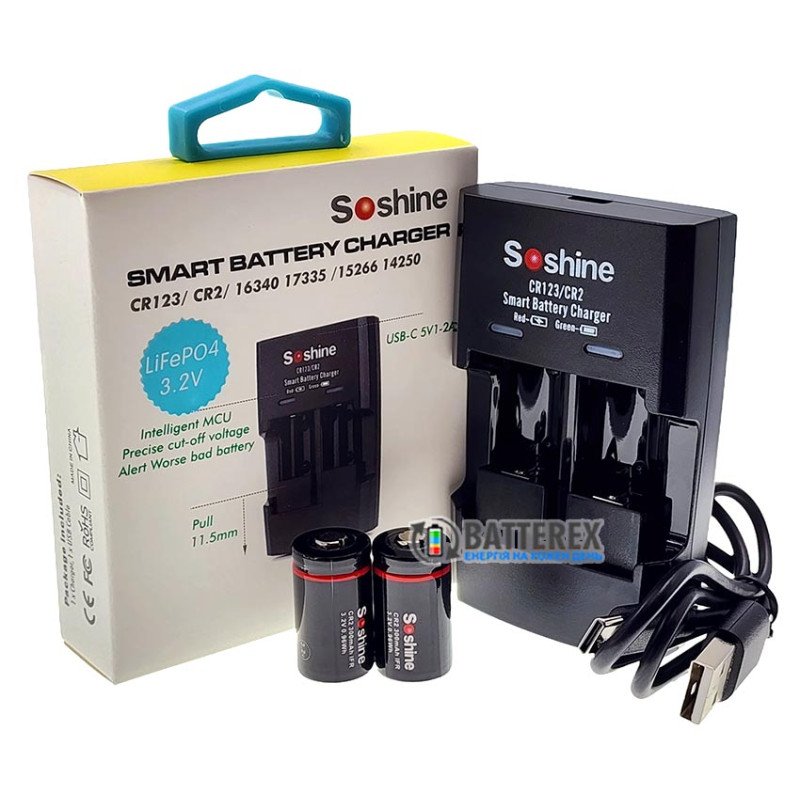 Комплект зарядка + акумулятори: Soshine S5-Fe зарядний пристрій на 2x CR2/CR123 LiFePO4 + 2 акумулятори CR2 Soshine 300mAh 3.2V