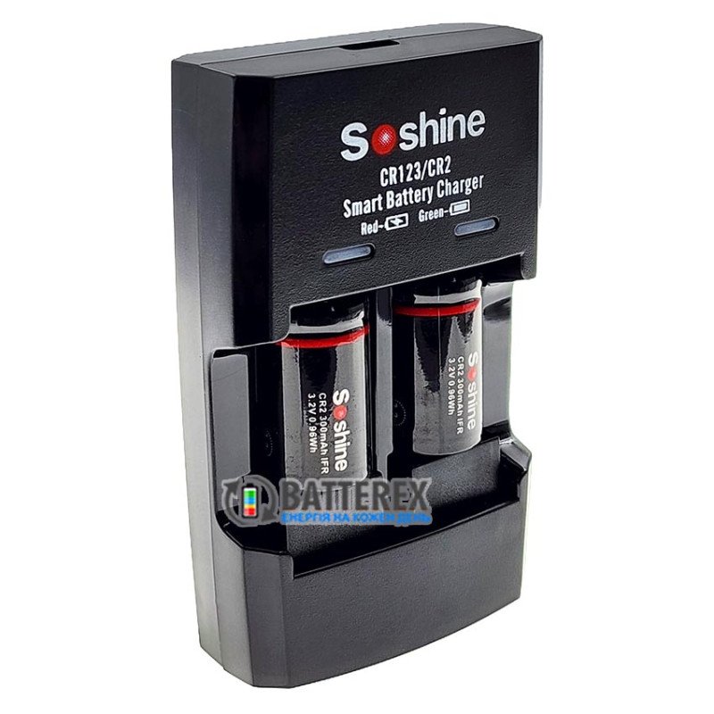 Комплект зарядка + акумулятори: Soshine S5-Fe зарядний пристрій на 2x CR2/CR123 LiFePO4 + 2 акумулятори CR2 Soshine 300mAh 3.2V