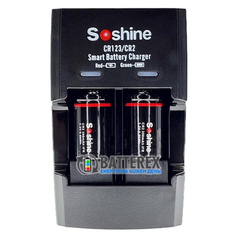 Комплект зарядка + акумулятори: Soshine S5-Fe зарядний пристрій на 2x CR2/CR123 LiFePO4 + 2 акумулятори CR2 Soshine 300mAh 3.2V