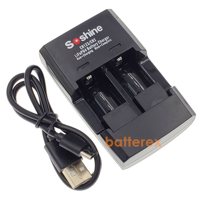Комплект зарядка + акумулятори: Soshine S5-Fe зарядний пристрій на 2x CR2/CR123 LiFePO4 + 2 акумулятори CR2 Soshine 300mAh 3.2V