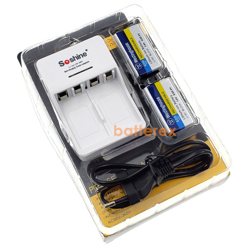 Зарядное устройство Soshine SC-V1 и 2 аккумулятора Крона Li-ion Westinghouse 9V 600 mah
