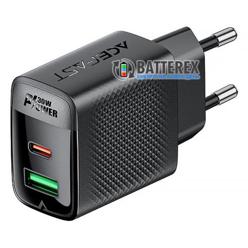 ACEFAST A98 GaN Fast Dual Port Charger C+U PD 30W Black - сетевой адаптер на 2 порта USB+Type-C c быстрой зарядкой QC3.0 и PD