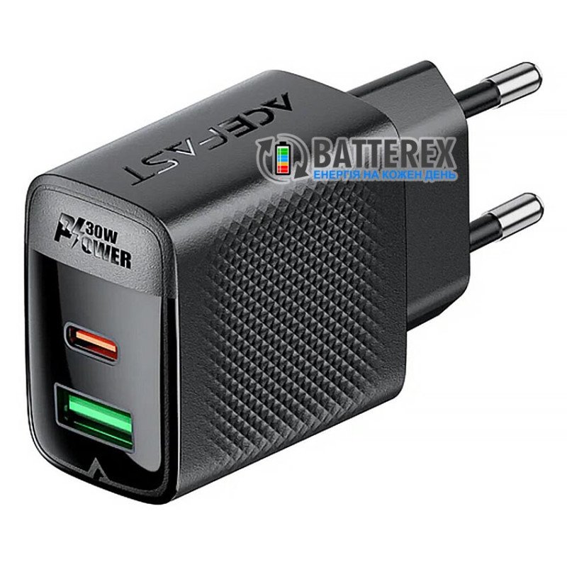 Сетевое USB зарядное устройство ACEFAST A98 GaN Fast Dual Port Charger C+U PD 30W Black на 2 порта USB+Type-C c быстрой зарядкой QC3.0 и PD