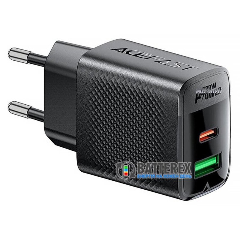 Сетевое USB зарядное устройство ACEFAST A98 GaN Fast Dual Port Charger C+U PD 30W Black на 2 порта USB+Type-C c быстрой зарядкой QC3.0 и PD