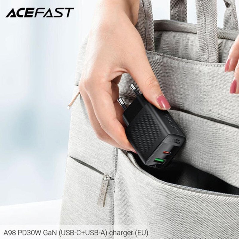 Сетевое USB зарядное устройство ACEFAST A98 GaN Fast Dual Port Charger C+U PD 30W Black на 2 порта USB+Type-C c быстрой зарядкой QC3.0 и PD