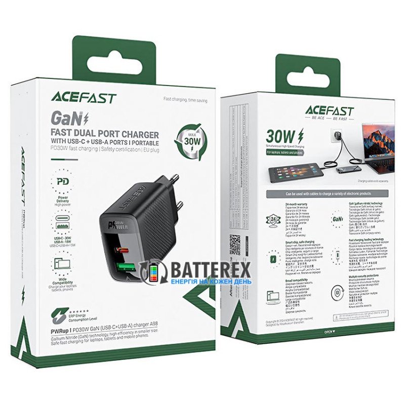 Сетевое USB зарядное устройство ACEFAST A98 GaN Fast Dual Port Charger C+U PD 30W Black на 2 порта USB+Type-C c быстрой зарядкой QC3.0 и PD