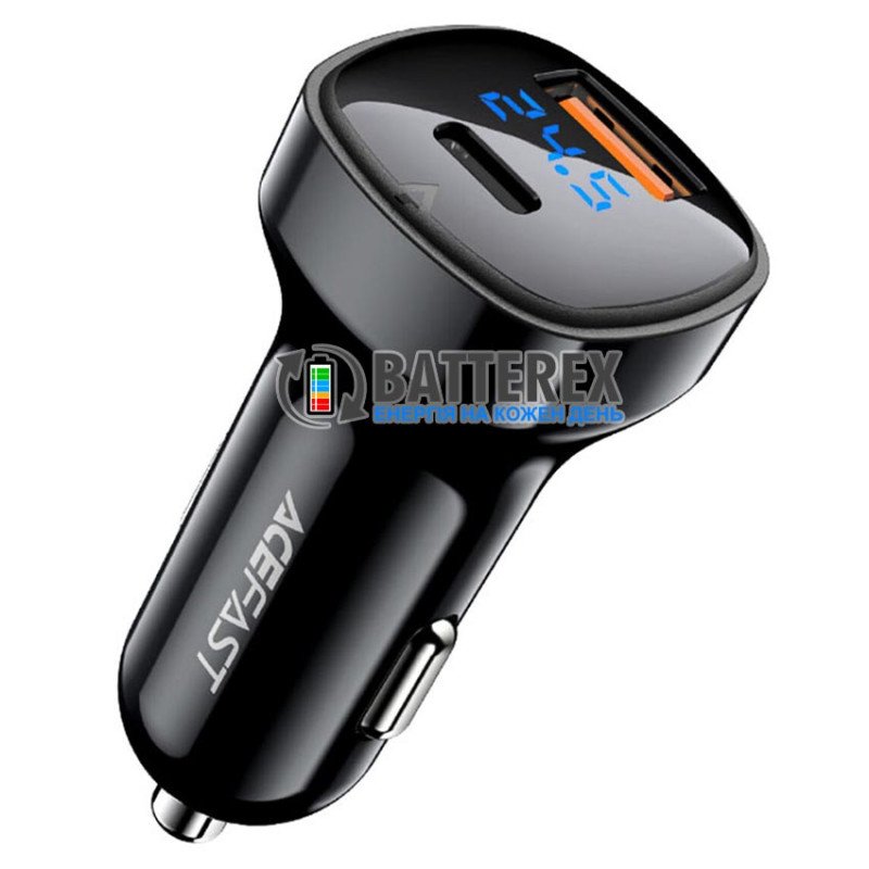 Автомобильное USB зарядное устройство ACEFAST B4 C+U PD 12-24V 66W Black с индикацией напряжения аккумулятора на 2 порта USB+Type-C c быстрой зарядкой