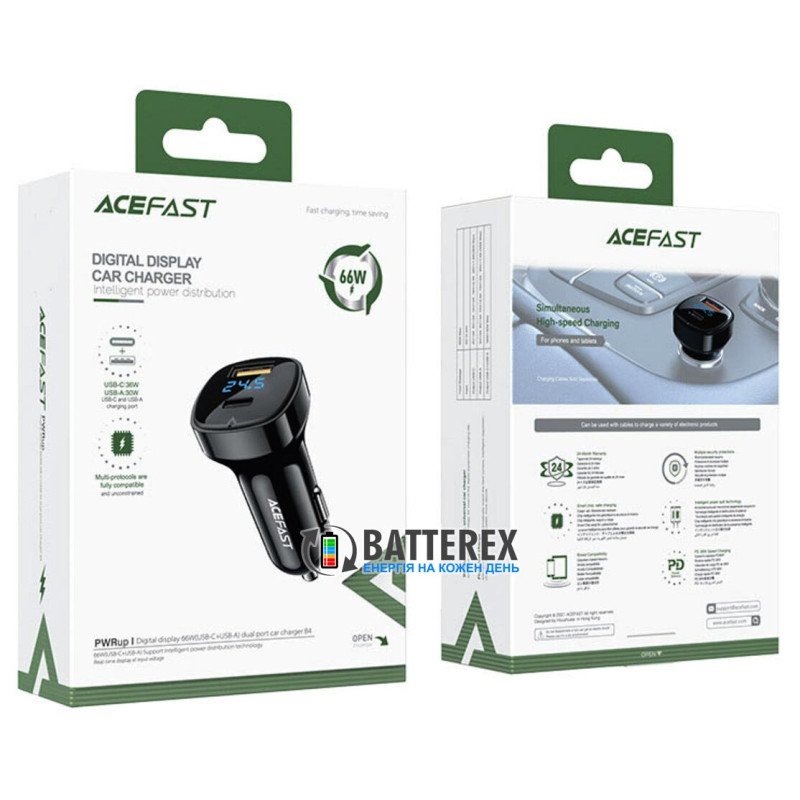 Автомобильное USB зарядное устройство ACEFAST B4 C+U PD 12-24V 66W Black с индикацией напряжения аккумулятора на 2 порта USB+Type-C c быстрой зарядкой