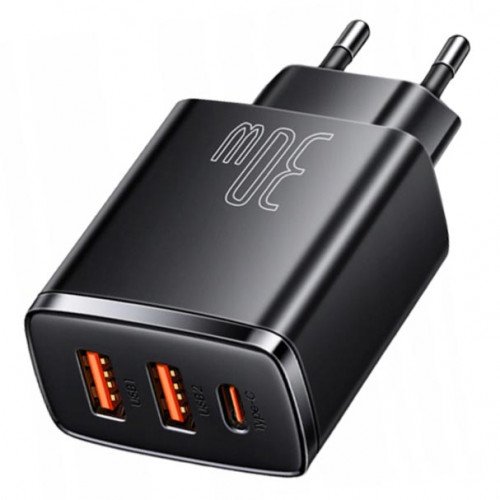 Baseus Compact Quick Charger 2U+C 30W Black - мережевий адаптер на 2 порти USB та 1 порт Type-C із швидкою зарядкою QC3.0 та PD