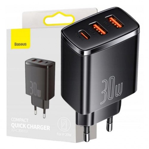 Baseus Compact Quick Charger 2U+C 30W Black - мережевий адаптер на 2 порти USB та 1 порт Type-C із швидкою зарядкою QC3.0 та PD