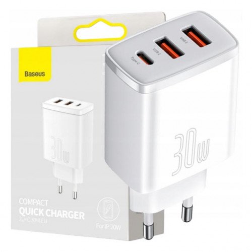 Baseus Compact Quick Charger 2U+C 30W White - мережевий адаптер на 2 порти USB та 1 порт Type-C із швидкою зарядкою QC3.0 та PD